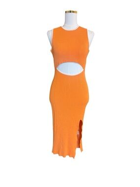 Ribbed Knit Dress Size L Apricot Orange Stretch Viscose Nylon